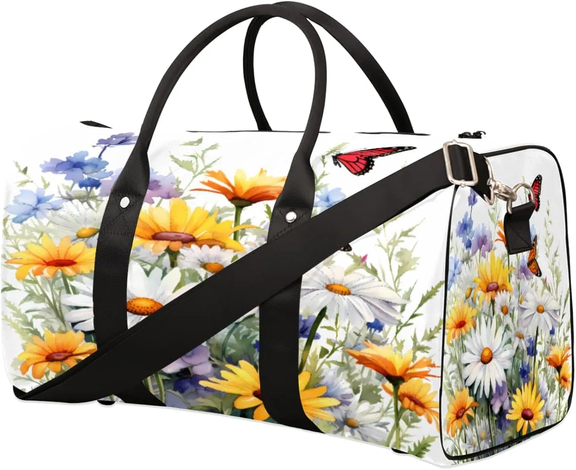 Flower Butterfly Travel Duffel Bag, Daisy Sports Gym Bag, Foldable Weekender Overnight Tote Bag Carry on Luggage Handbag for Yoga Workout