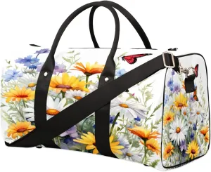 Flower Butterfly Travel Duffel Bag, Daisy Sports Gym Bag, Foldable Weekender Overnight Tote Bag Carry on Luggage Handbag for Yoga Workout