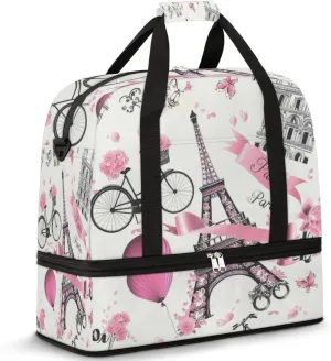 Flower Paris Travel Duffel Bag for Women Men, Sports Gym Bag with Shoes Compartment Paris Eiffel Tower Foldable Overnight Bag Weekender Tote Workout Carry On Luggage Bag