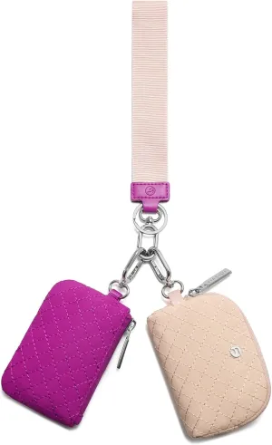 FODOKO Wristlet Wallet for Women, Detachable Dual Pouch Wristlet with Keychain, Mini Zip Around Quilted Coin Purses, Beige/Rose