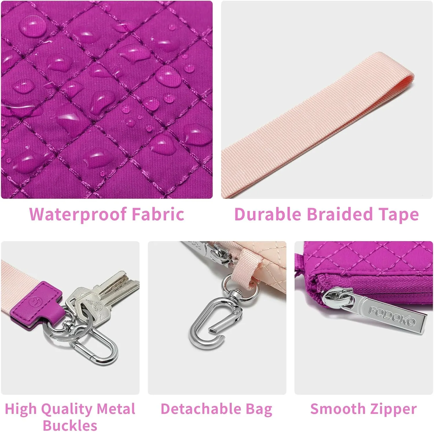 FODOKO Wristlet Wallet for Women, Detachable Dual Pouch Wristlet with Keychain, Mini Zip Around Quilted Coin Purses, Beige/Rose