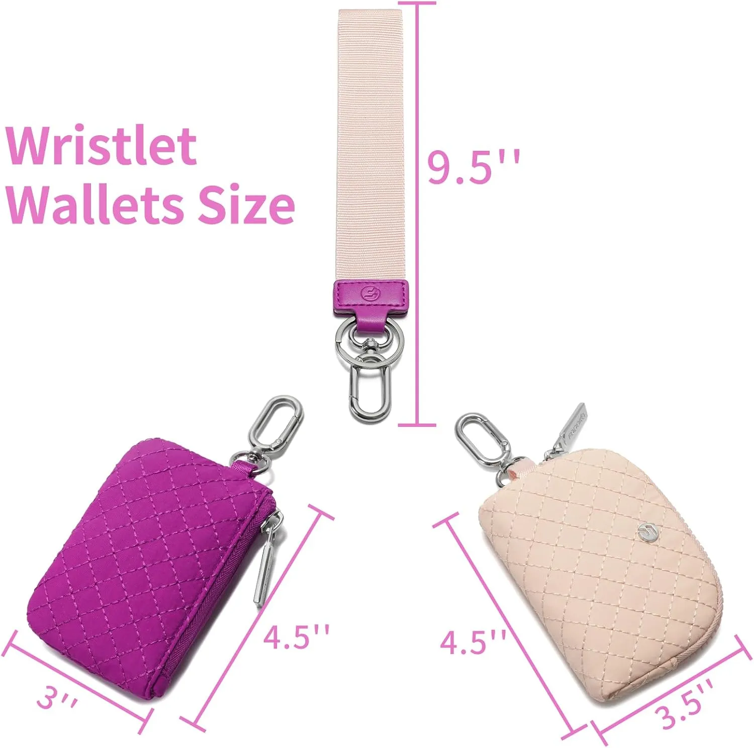 FODOKO Wristlet Wallet for Women, Detachable Dual Pouch Wristlet with Keychain, Mini Zip Around Quilted Coin Purses, Beige/Rose