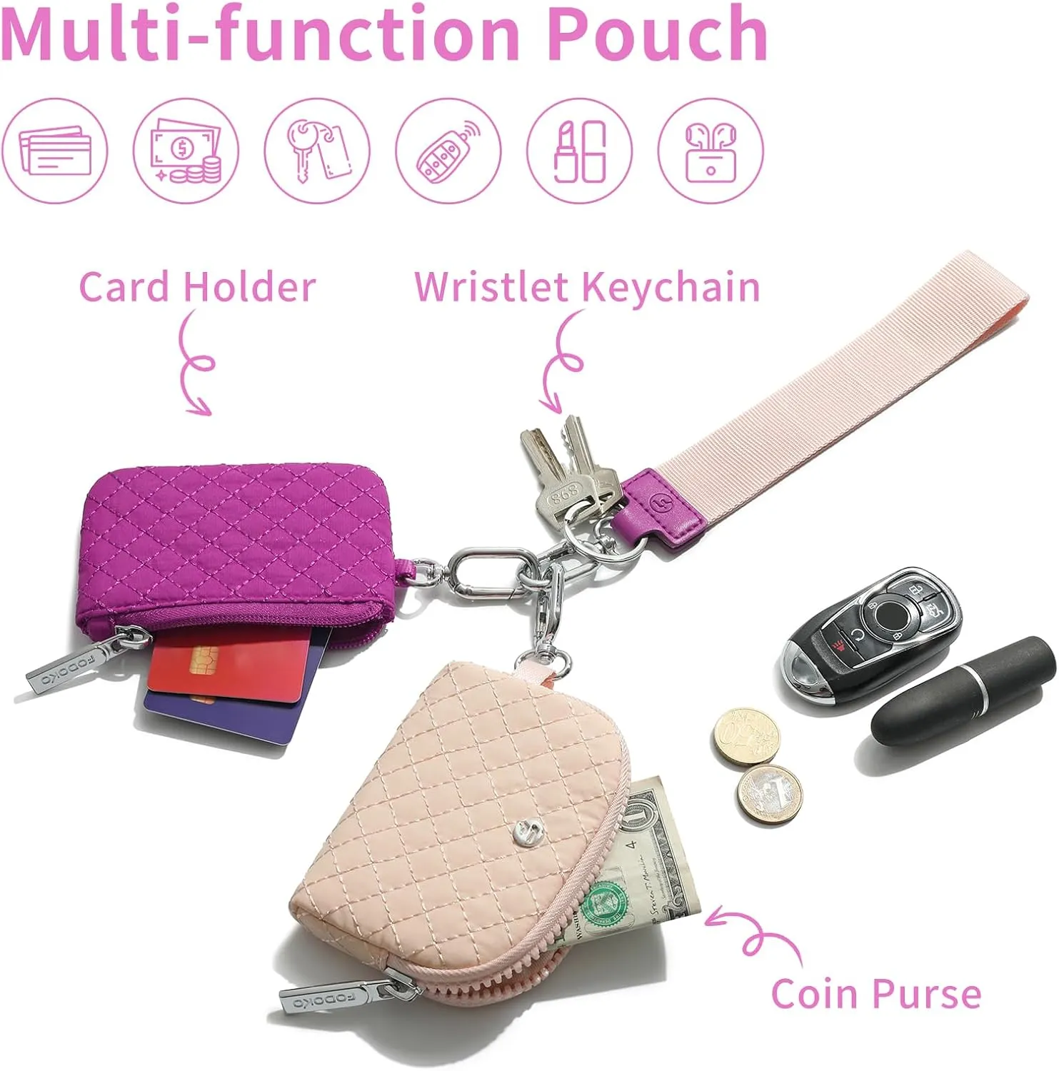 FODOKO Wristlet Wallet for Women, Detachable Dual Pouch Wristlet with Keychain, Mini Zip Around Quilted Coin Purses, Beige/Rose