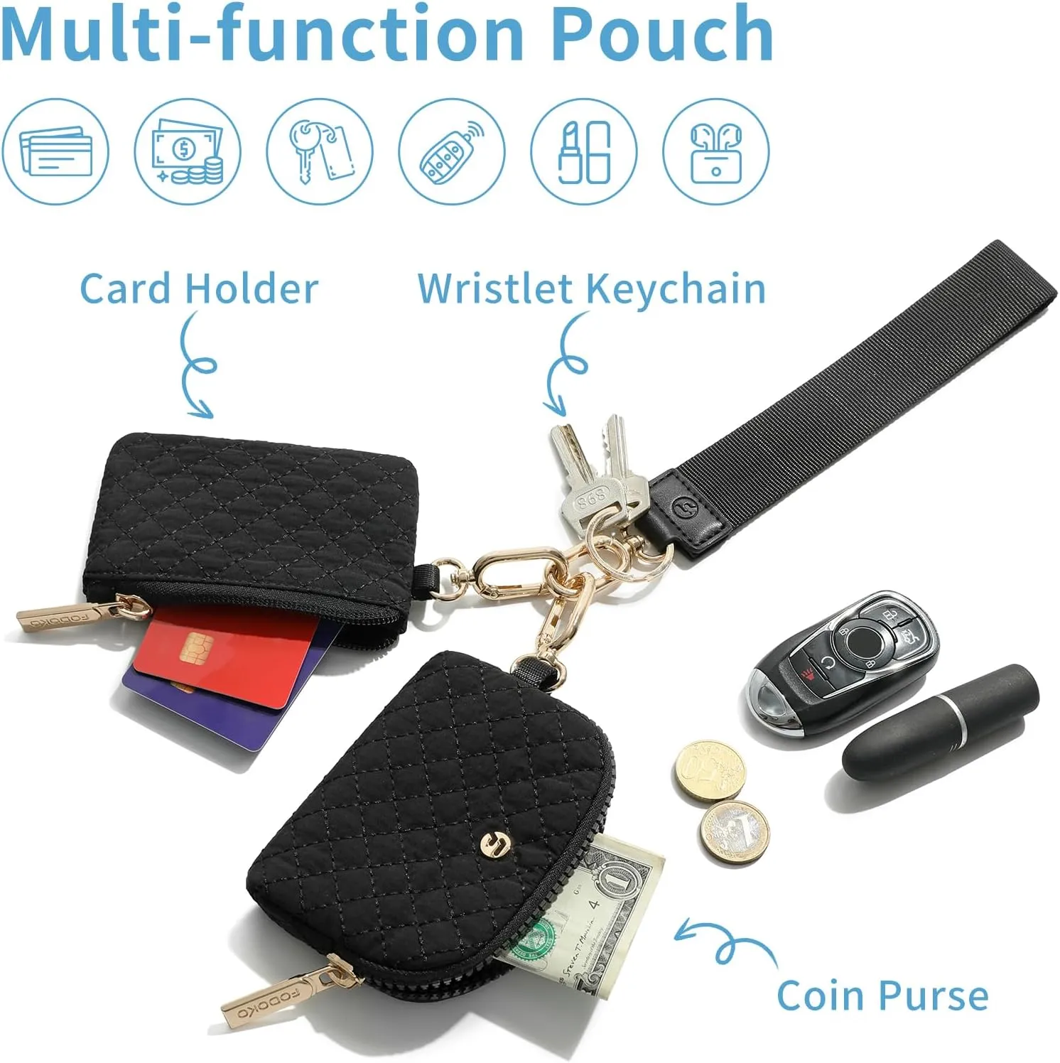 FODOKO Wristlet Wallet for Women, Detachable Dual Pouch Wristlet with Keychain, Mini Zip Around Quilted Coin Purses, Black(Gold)