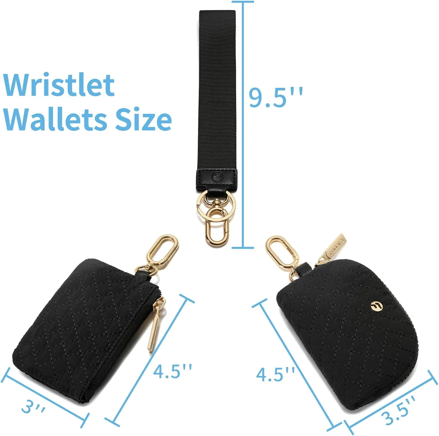 FODOKO Wristlet Wallet for Women, Detachable Dual Pouch Wristlet with Keychain, Mini Zip Around Quilted Coin Purses, Black(Gold)