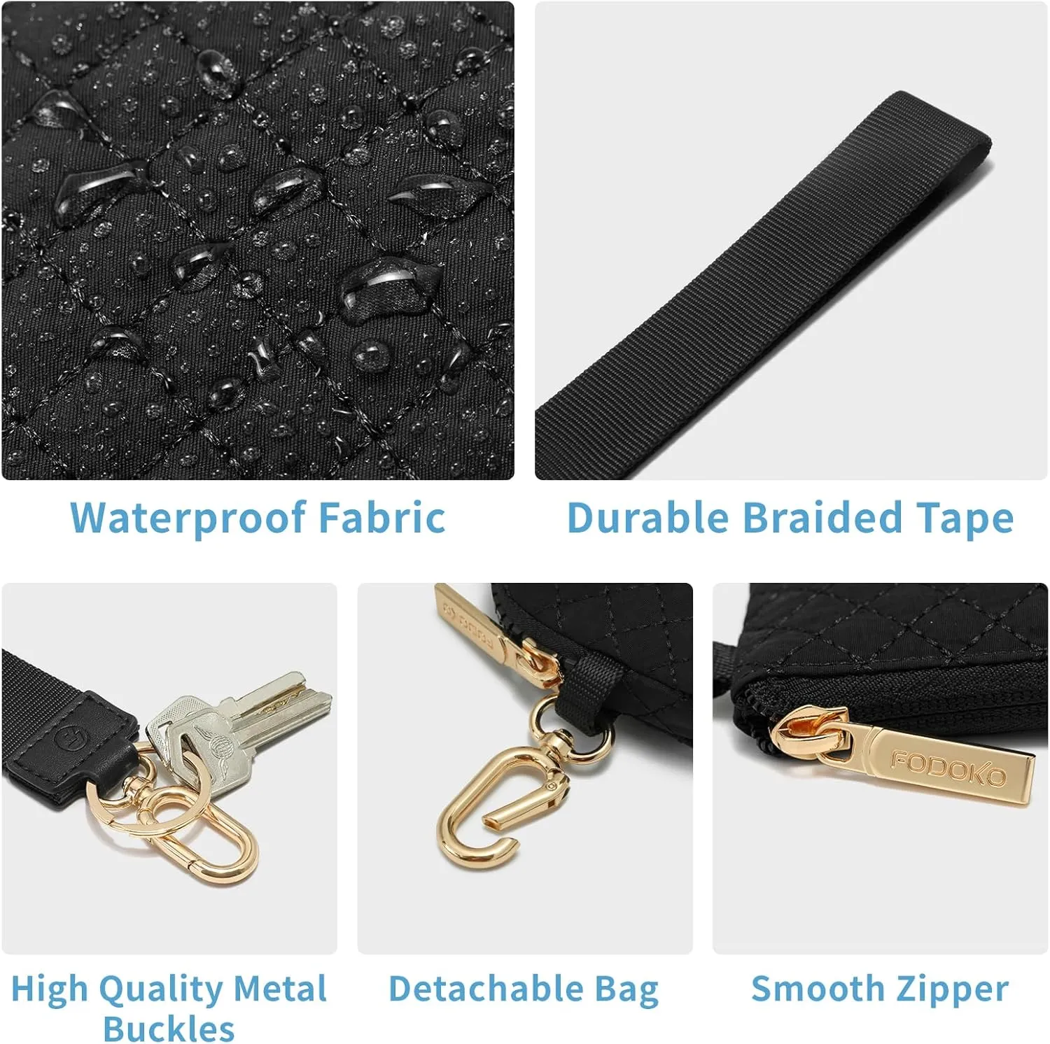 FODOKO Wristlet Wallet for Women, Detachable Dual Pouch Wristlet with Keychain, Mini Zip Around Quilted Coin Purses, Black(Gold)