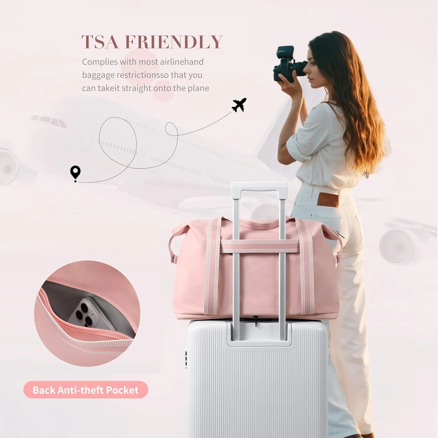 Foldable Travel Duffel Bag Carry On Yoga Tote Bags for Women Travel Sport Gym Hospital Bag Labor and Delivery Overnight Luggage Bag,40L,Pink