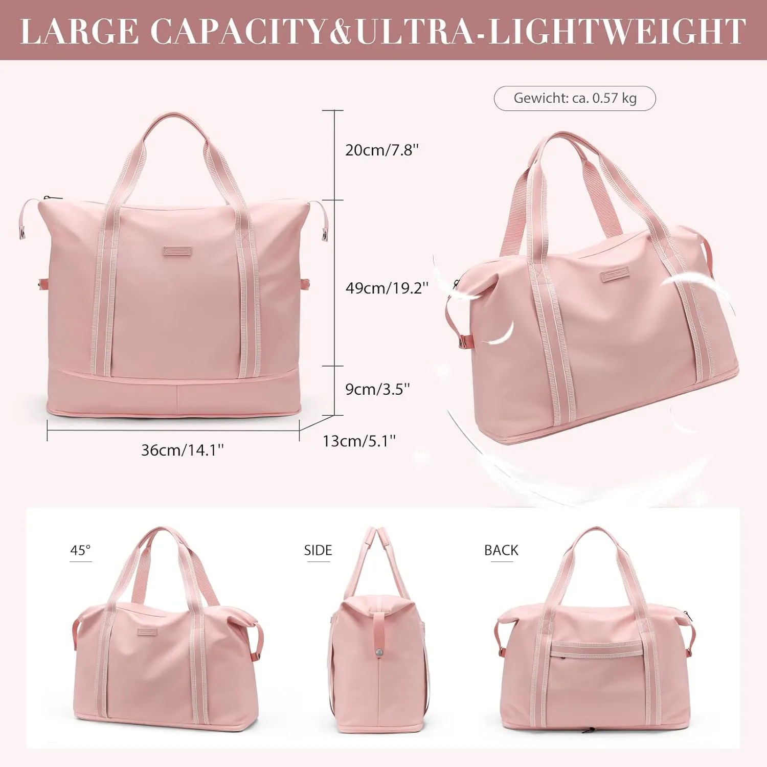 Foldable Travel Duffel Bag Carry On Yoga Tote Bags for Women Travel Sport Gym Hospital Bag Labor and Delivery Overnight Luggage Bag,40L,Pink