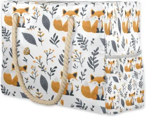 Fox Large Tote Beach Bags for Women with Zipper Waterproof Sandproof Swim Pool Grocery Gym Travel Bag, Wildlife