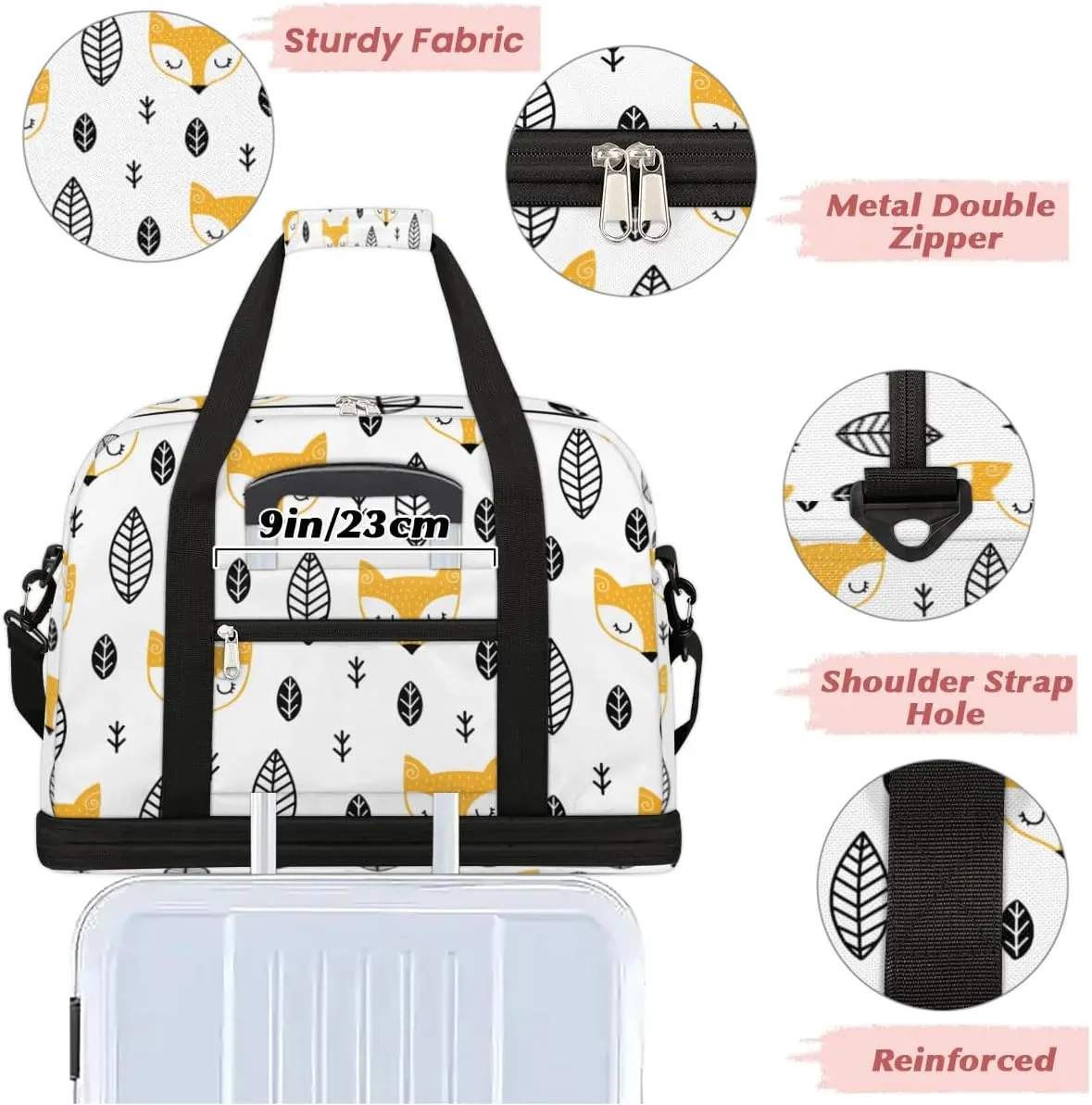 Fox Leaves Print Sports Gym Bag with Shoes Compartment Foldable Travel Duffel Bag Dry Wet Separated Sports Tote Workout Weekender Overnight Bag for Women Yoga Dance Work Training Handbag