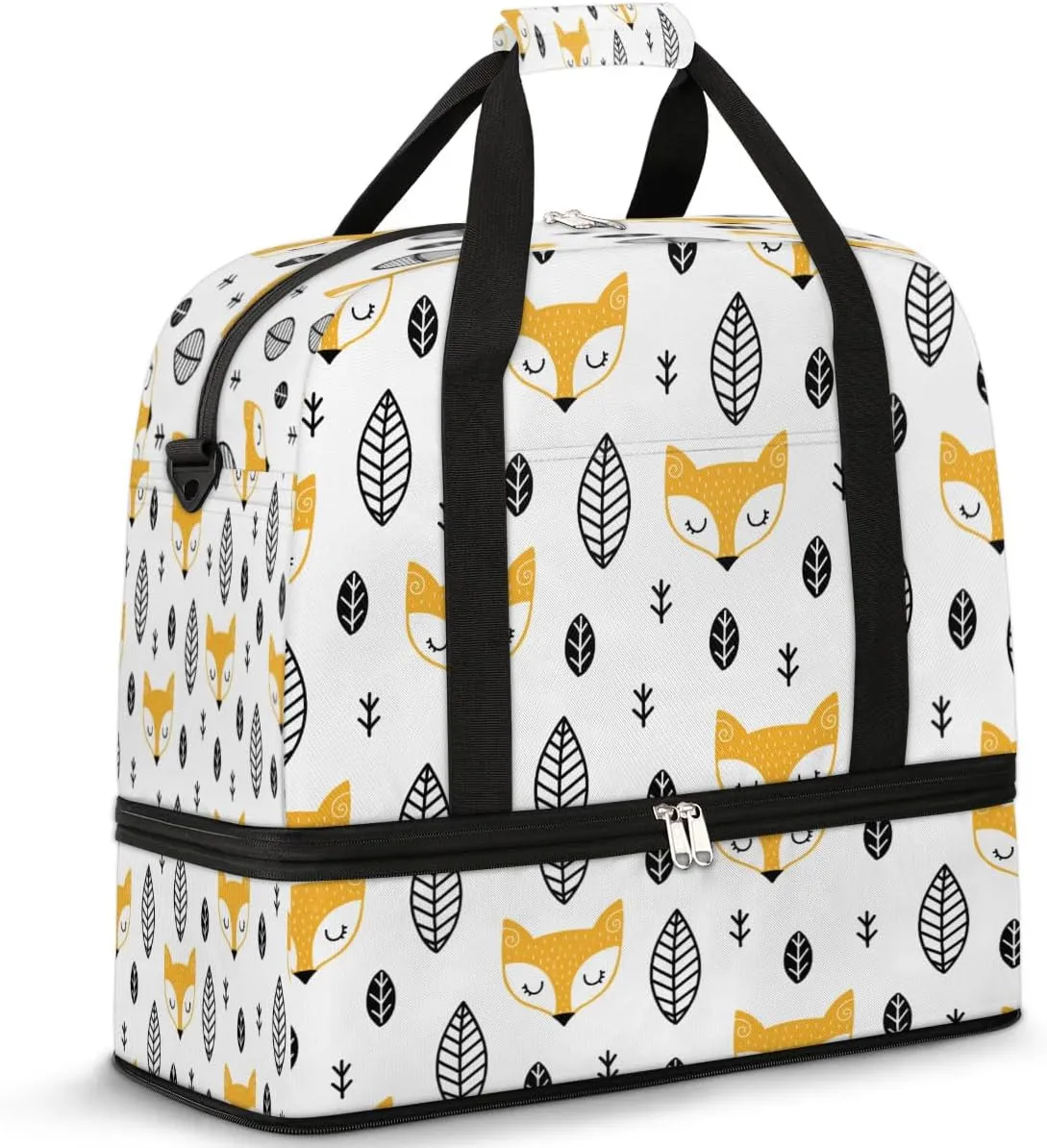 Fox Leaves Print Sports Gym Bag with Shoes Compartment Foldable Travel Duffel Bag Dry Wet Separated Sports Tote Workout Weekender Overnight Bag for Women Yoga Dance Work Training Handbag