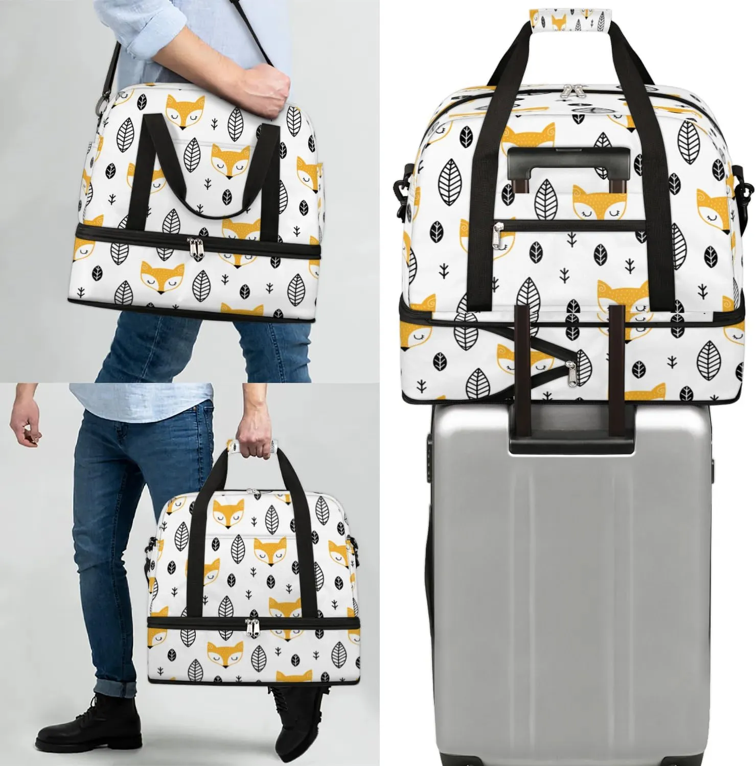 Fox Leaves Print Sports Gym Bag with Shoes Compartment Foldable Travel Duffel Bag Dry Wet Separated Sports Tote Workout Weekender Overnight Bag for Women Yoga Dance Work Training Handbag