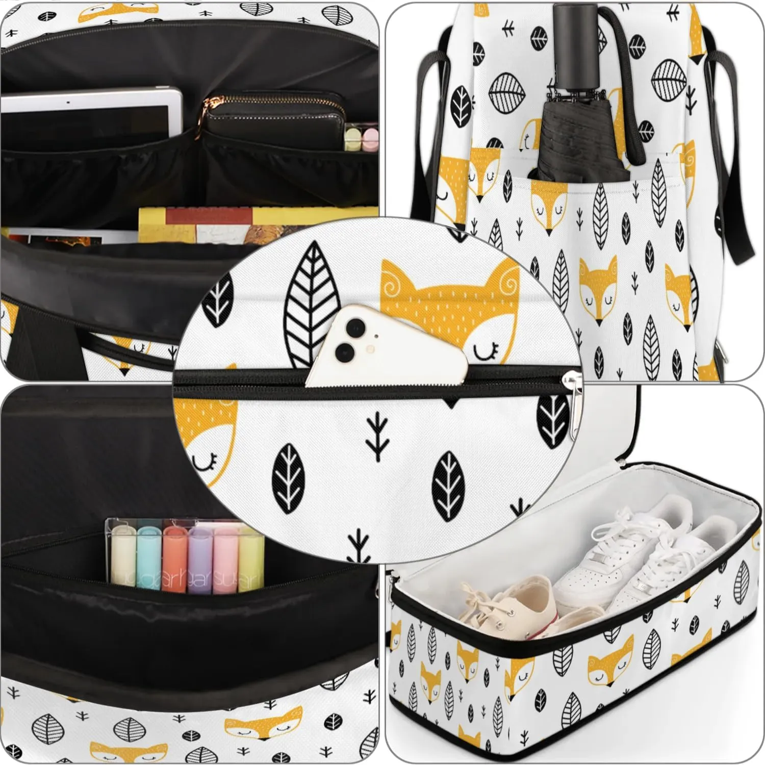 Fox Leaves Print Sports Gym Bag with Shoes Compartment Foldable Travel Duffel Bag Dry Wet Separated Sports Tote Workout Weekender Overnight Bag for Women Yoga Dance Work Training Handbag