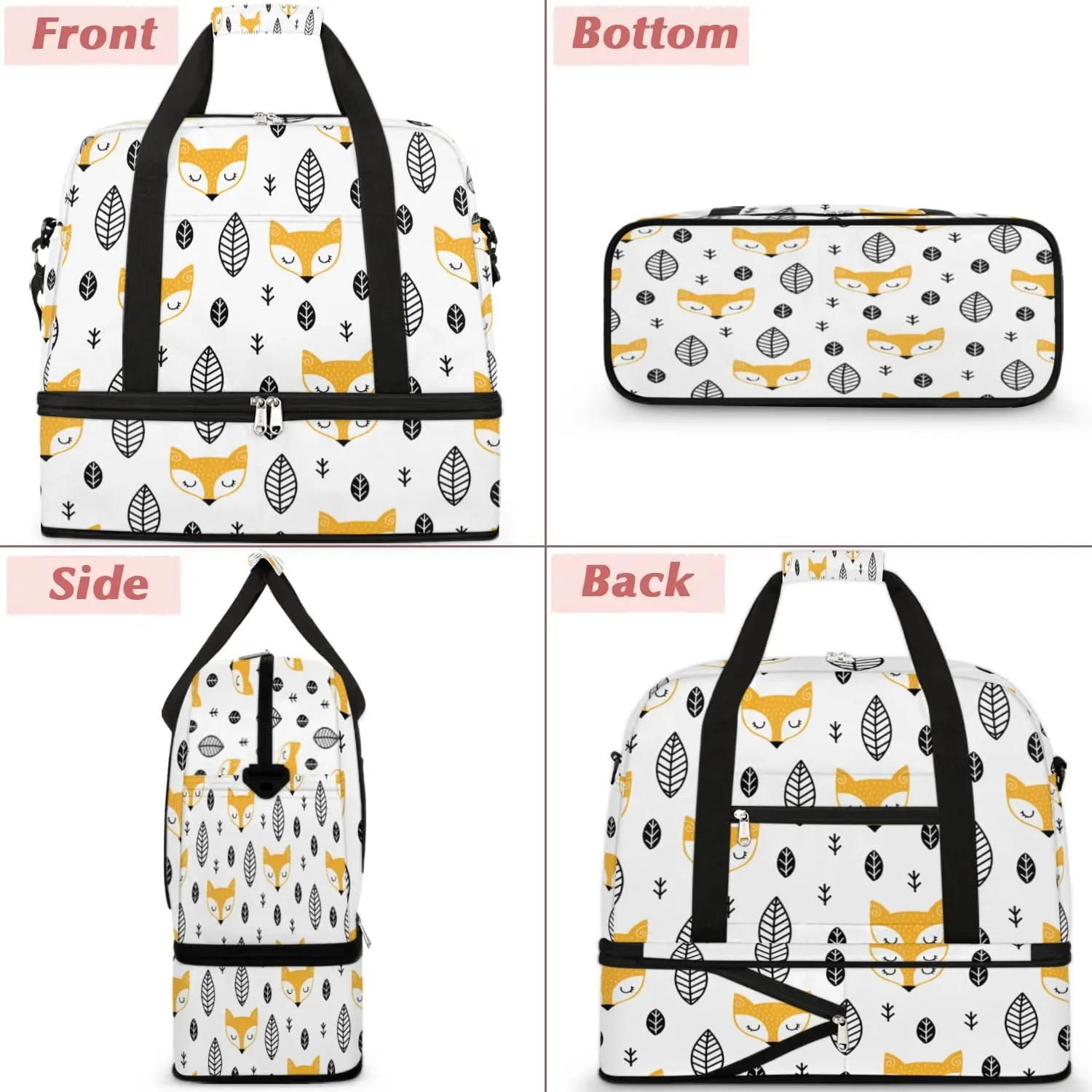 Fox Leaves Print Sports Gym Bag with Shoes Compartment Foldable Travel Duffel Bag Dry Wet Separated Sports Tote Workout Weekender Overnight Bag for Women Yoga Dance Work Training Handbag