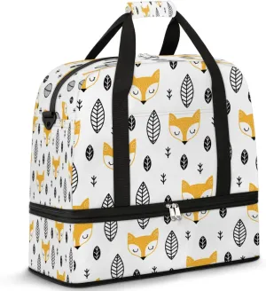 Fox Leaves Print Sports Gym Bag with Shoes Compartment Foldable Travel Duffel Bag Dry Wet Separated Sports Tote Workout Weekender Overnight Bag for Women Yoga Dance Work Training Handbag