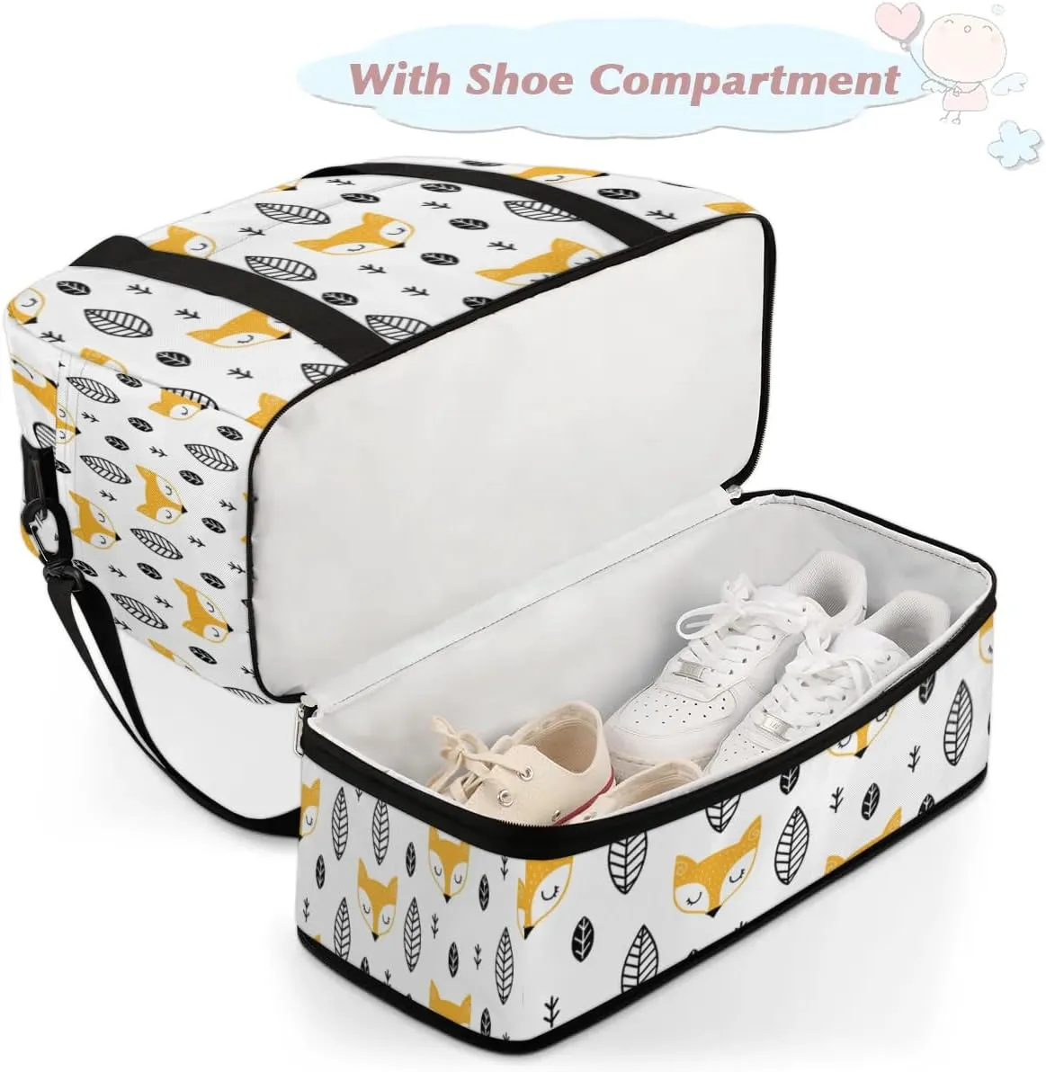 Fox Leaves Print Sports Gym Bag with Shoes Compartment Foldable Travel Duffel Bag Dry Wet Separated Sports Tote Workout Weekender Overnight Bag for Women Yoga Dance Work Training Handbag