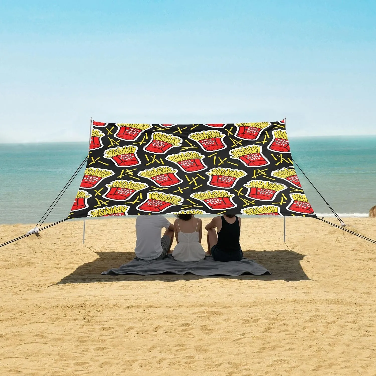 French Fries Seamless Pattern Beach Canopy Tent Anti-UV & Wind Resistant, Camping Sun Shelter Easy Setup Portable,Outdoor Shade Tents with Sandbags,Sand Shovels,Ground Pegs & Stability Poles