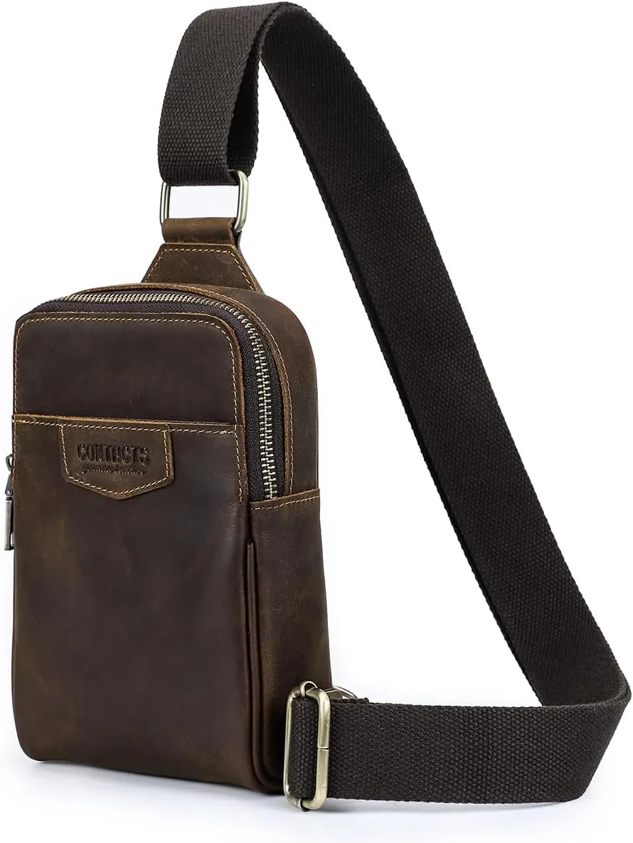 Full Grain Leather Sling Bag for Men Small Crossbody Chest Bag Casual Shoulder Daypack Travel Phone Purse Side Bag