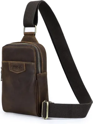 Full Grain Leather Sling Bag for Men Small Crossbody Chest Bag Casual Shoulder Daypack Travel Phone Purse Side Bag