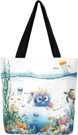 Funny Axolotl Canvas Tote Bag for Women,Kids Sea Turtle Jellyfish Coastal Large Shoulder Bag