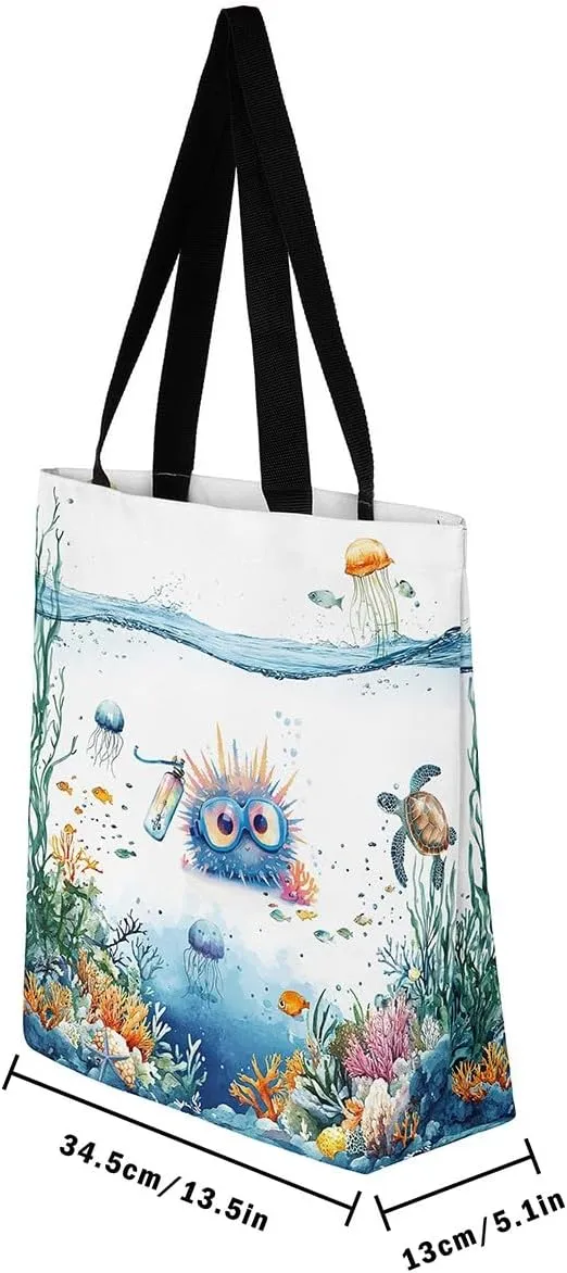 Funny Axolotl Canvas Tote Bag for Women,Kids Sea Turtle Jellyfish Coastal Large Shoulder Bag