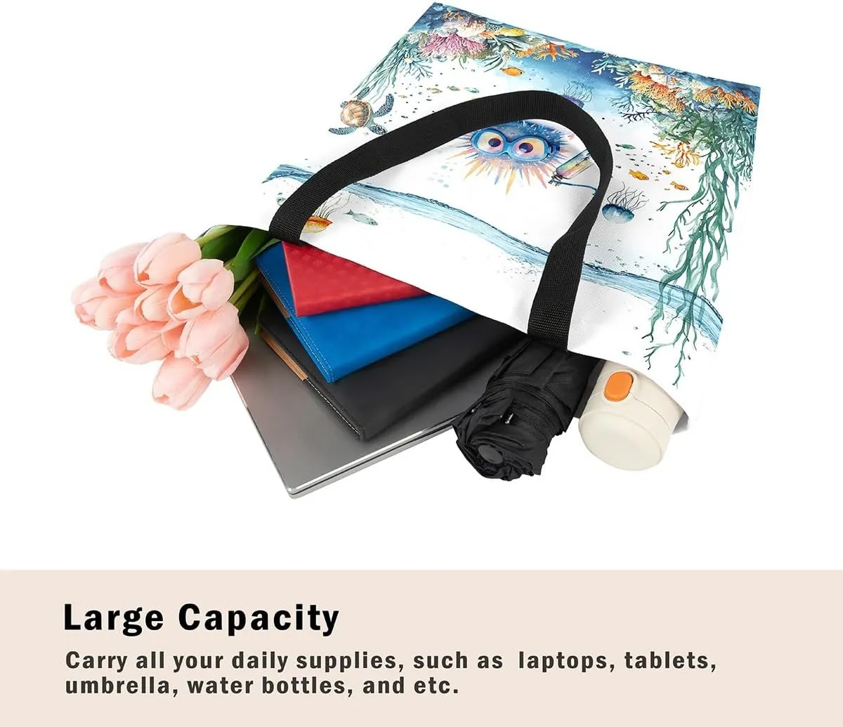 Funny Axolotl Canvas Tote Bag for Women,Kids Sea Turtle Jellyfish Coastal Large Shoulder Bag
