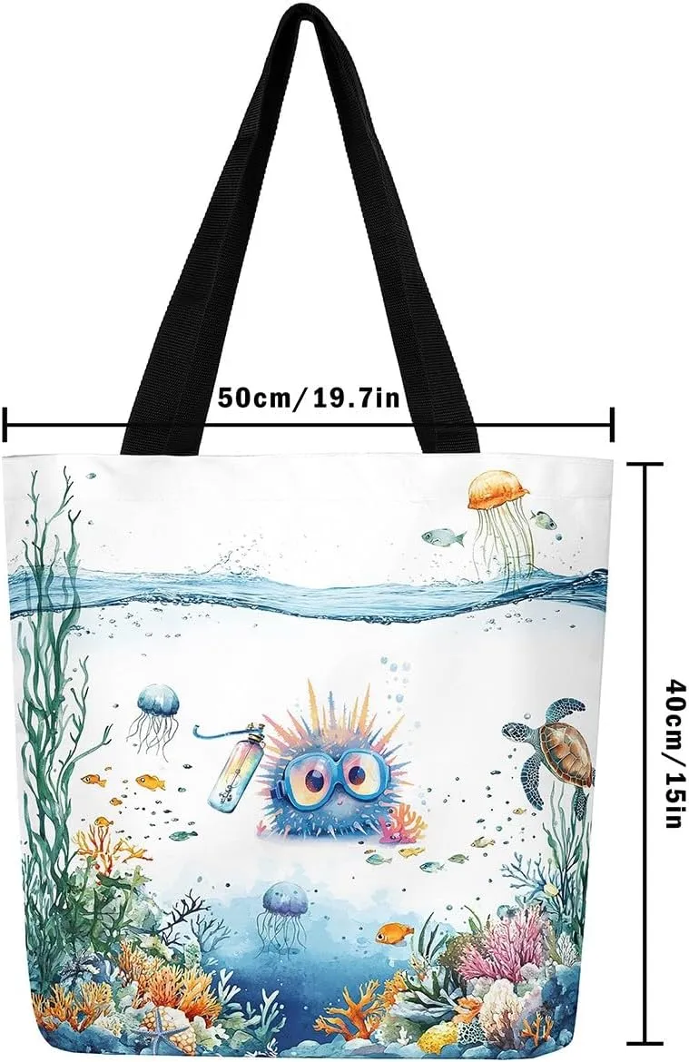 Funny Axolotl Canvas Tote Bag for Women,Kids Sea Turtle Jellyfish Coastal Large Shoulder Bag