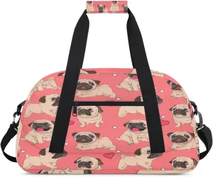 Funny Pug Dog Gym Duffel Bag for Men Women Heart Pattern Sports Tote Bag with Adjustable Shoulder Strap for Dance Gymnastics Traveling Outdoor Camping Overnight Stay