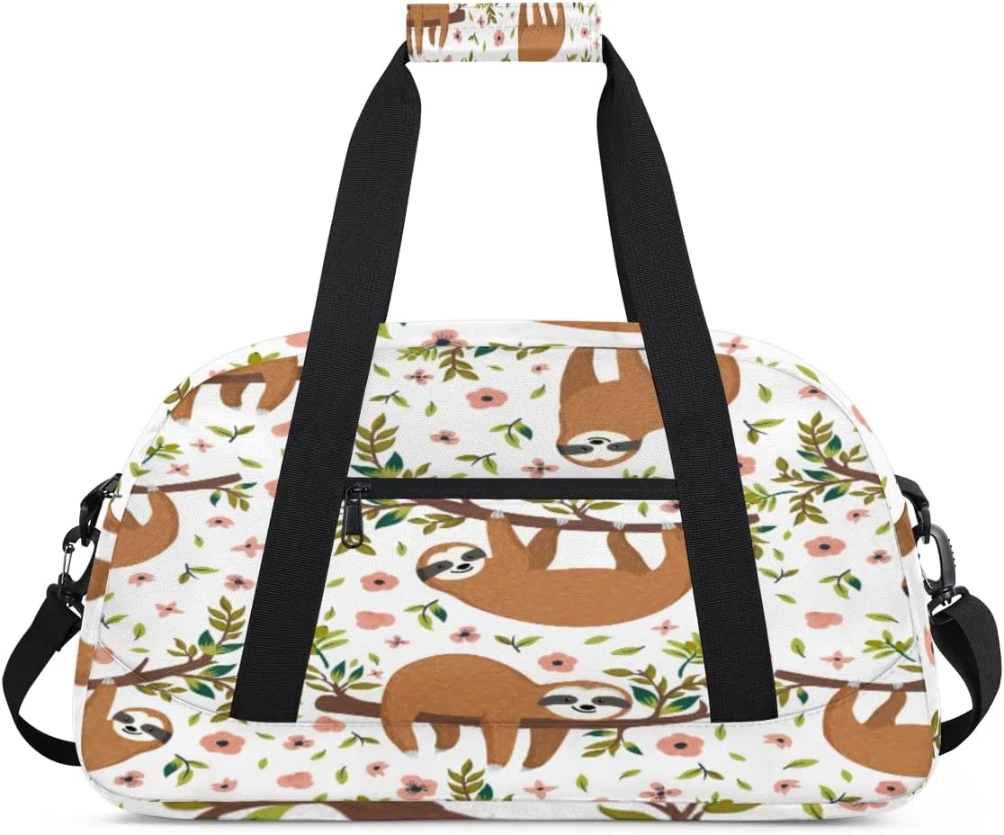 Funny Sloth Gym Duffel Bag for Men Women Tree Branch Flower Sports Tote Bag with Adjustable Shoulder Strap for Dance Gymnastics Traveling Outdoor Camping Overnight Stay