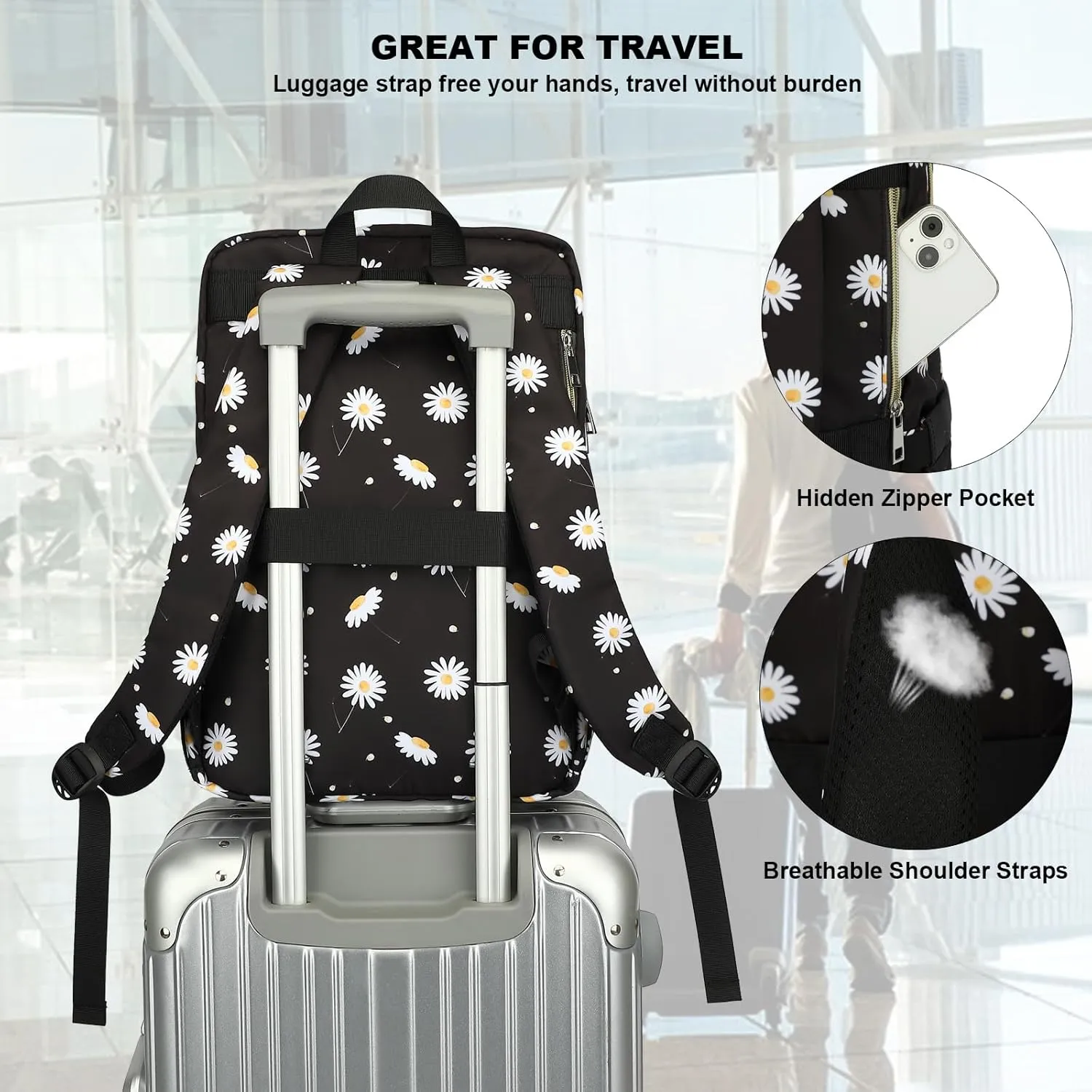 Fuyicat Flowers Laptop Backpack for Women Men Travel Business Work, Girls Boys School Backpack College Bookbag Fit 15.6 Inch Notebook (Daisy Black)