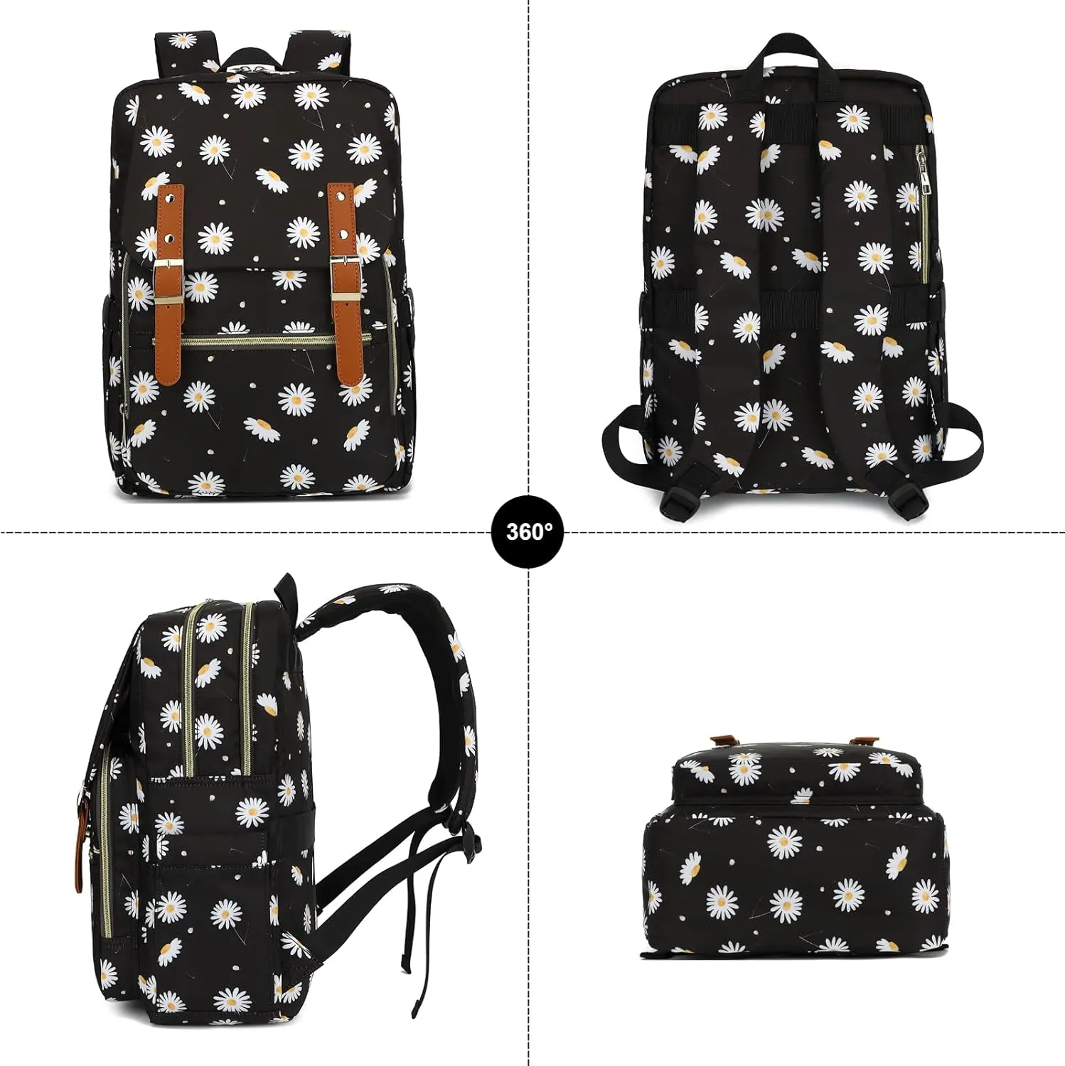 Fuyicat Flowers Laptop Backpack for Women Men Travel Business Work, Girls Boys School Backpack College Bookbag Fit 15.6 Inch Notebook (Daisy Black)