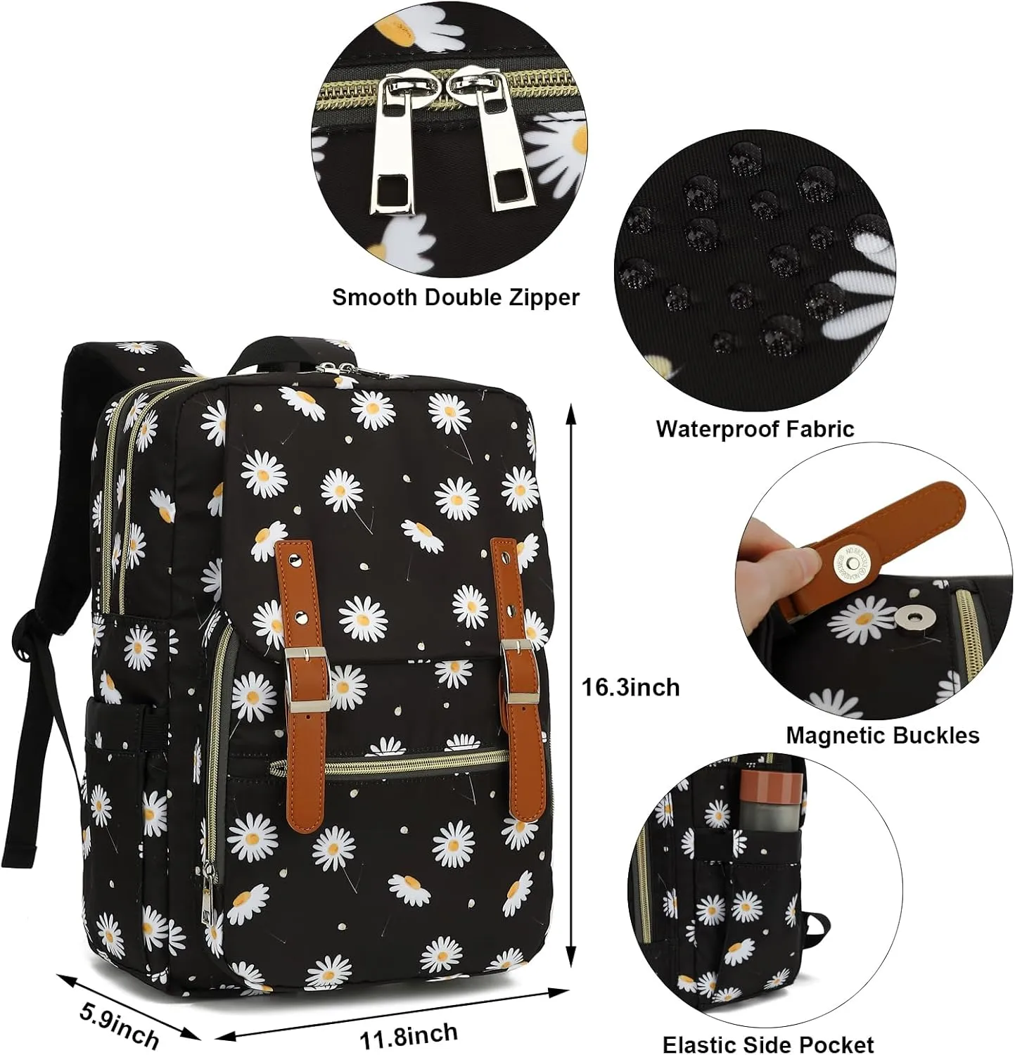 Fuyicat Flowers Laptop Backpack for Women Men Travel Business Work, Girls Boys School Backpack College Bookbag Fit 15.6 Inch Notebook (Daisy Black)