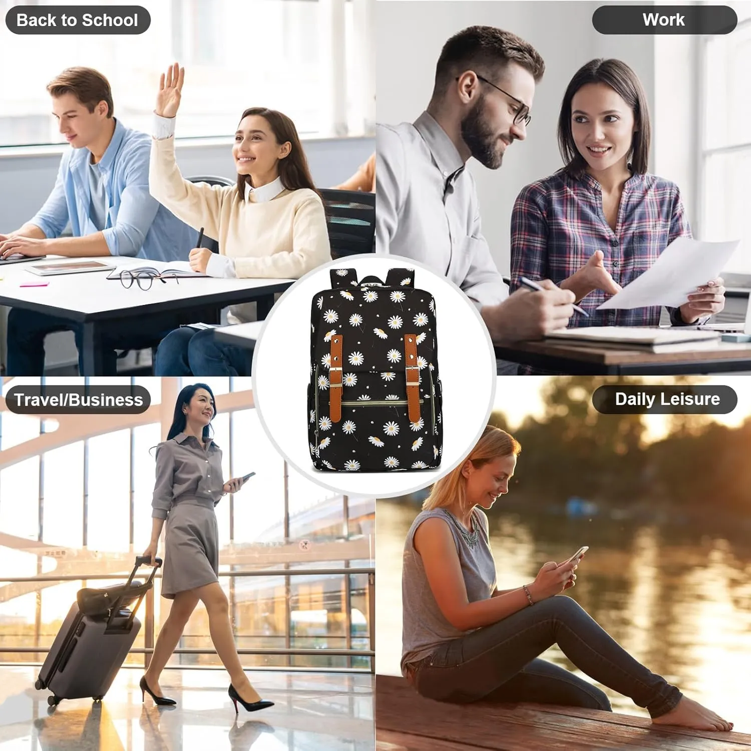 Fuyicat Flowers Laptop Backpack for Women Men Travel Business Work, Girls Boys School Backpack College Bookbag Fit 15.6 Inch Notebook (Daisy Black)