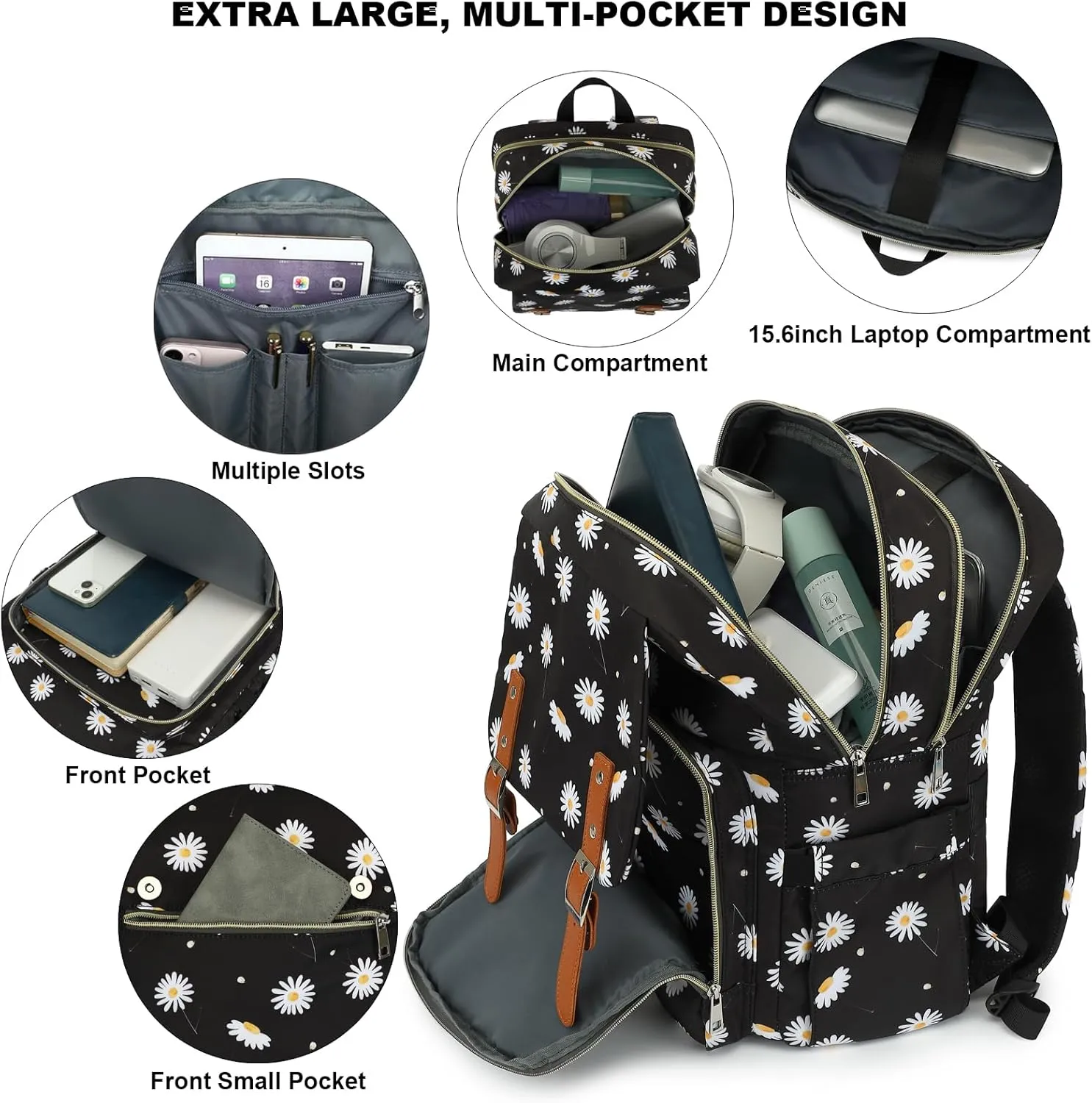 Fuyicat Flowers Laptop Backpack for Women Men Travel Business Work, Girls Boys School Backpack College Bookbag Fit 15.6 Inch Notebook (Daisy Black)
