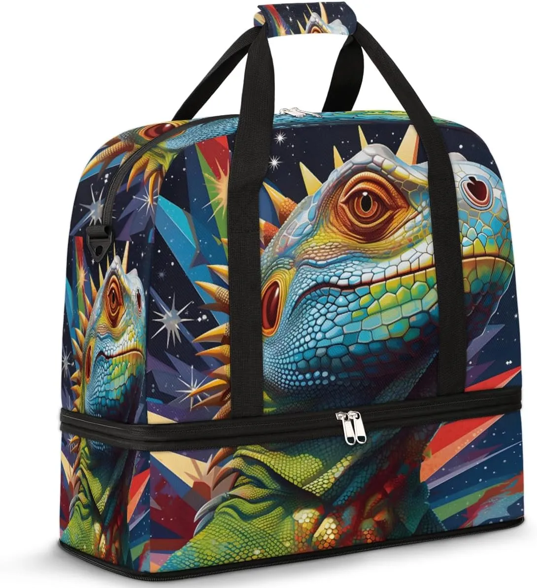 Galaxy Colorful Lizards Travel Duffel Bag with Foldable Shoe Compartment Shoulder Tote Travel Weekend Bag Sports Gym Overnight Bags