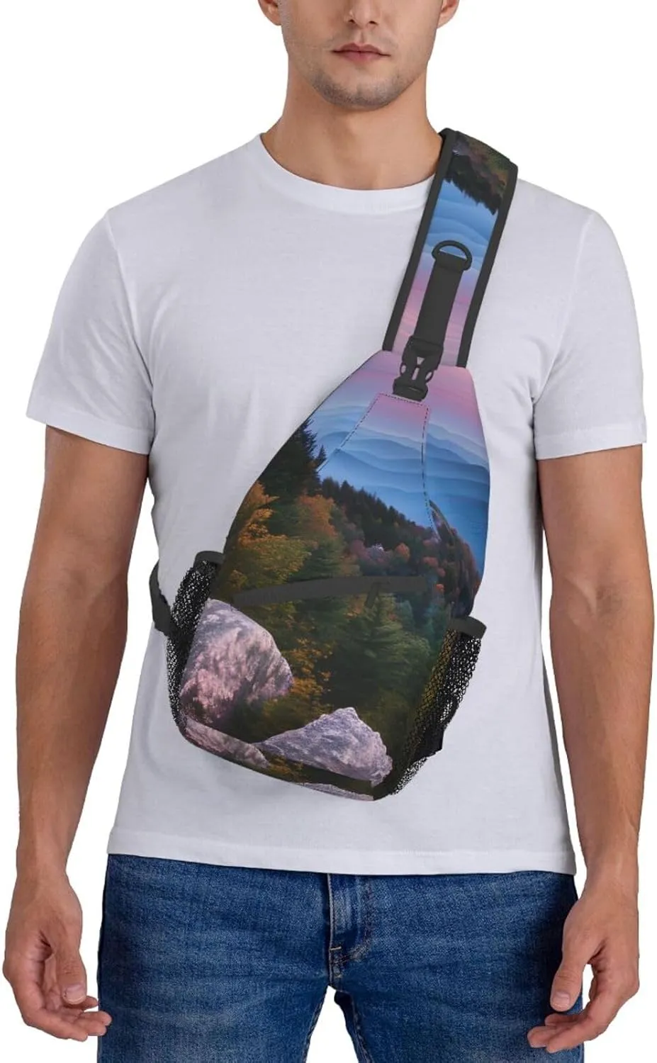 GeRRiT Canadian Smokey Mountain Cliff Print Small Backpack Sling Bag For Women Men, Chest Bag Daypack Crossbody For Travel Sport, SB-122