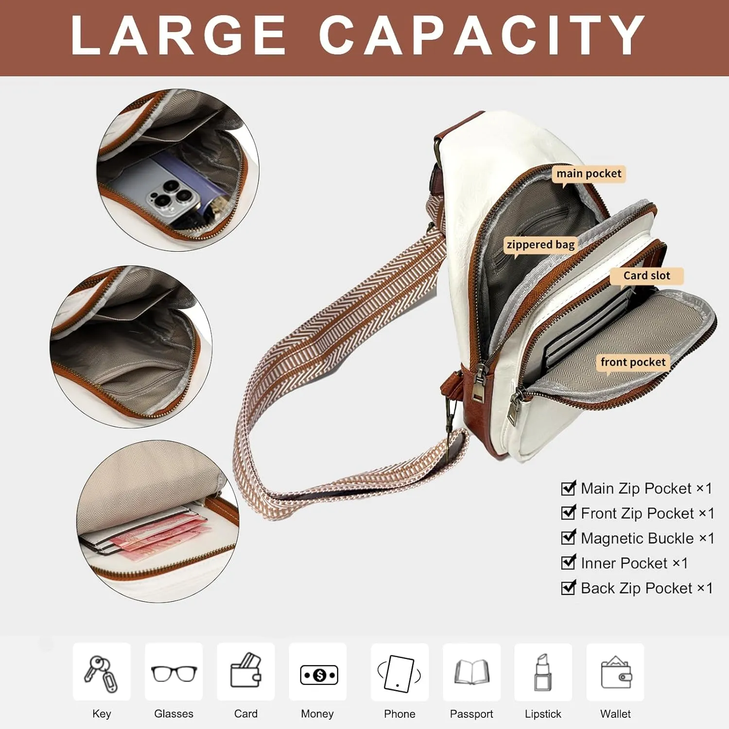 Gifts for Women Mom Christmas Gifts Birthday Small Sling Bag Leather Crossbody Fanny Packs Waist Pack for Traveling White