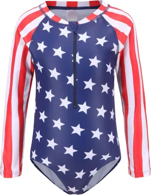 Girls Rash Guard Long Sleeve One Piece Swimsuits Stripes Zipper Bathing Suits UPF 50 /Sun Protection