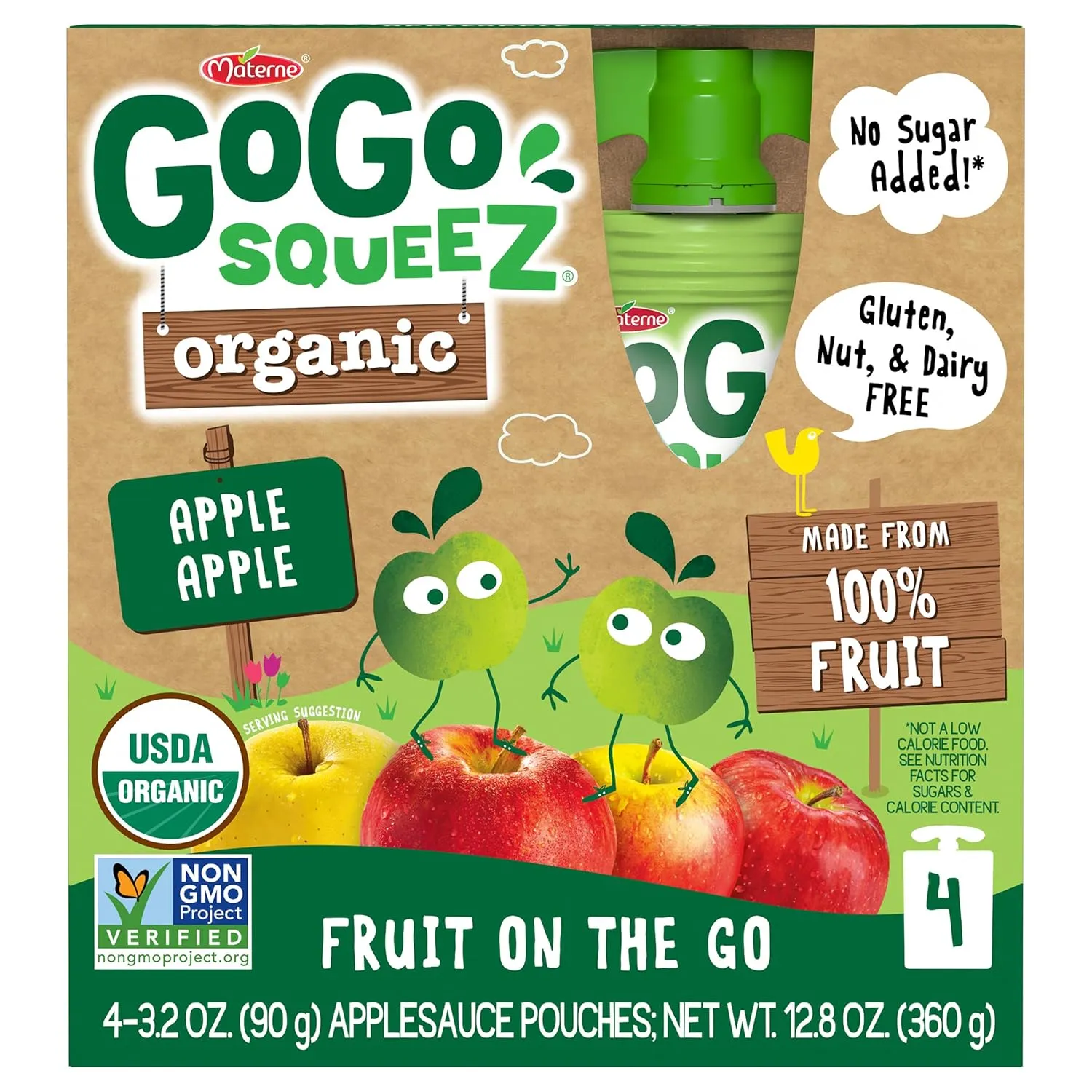 GoGo squeeZ Organic Applesauce and Fruit Puree, Apple Apple, 3.2 oz (Pack of 48), Unsweetened Organic Fruit Snacks for Kids, Gluten Free, Nut Free and Dairy Free, Recloseable Cap, BPA Free Pouches