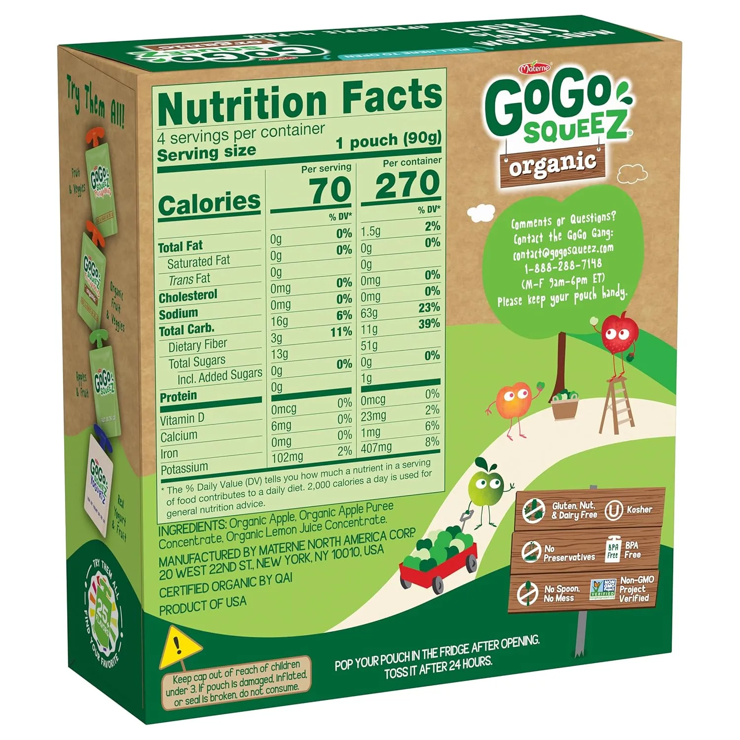 GoGo squeeZ Organic Applesauce and Fruit Puree, Apple Apple, 3.2 oz (Pack of 48), Unsweetened Organic Fruit Snacks for Kids, Gluten Free, Nut Free and Dairy Free, Recloseable Cap, BPA Free Pouches