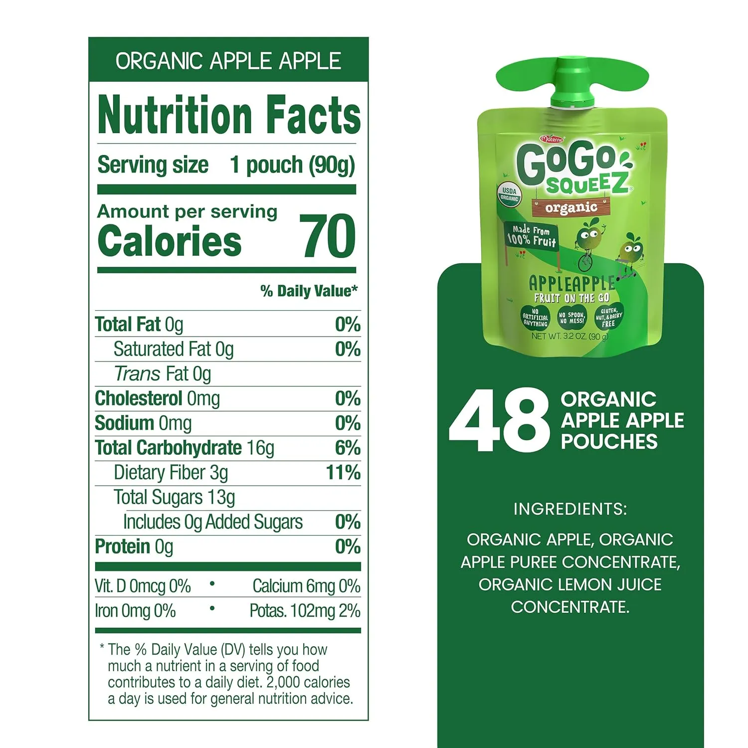 GoGo squeeZ Organic Applesauce and Fruit Puree, Apple Apple, 3.2 oz (Pack of 48), Unsweetened Organic Fruit Snacks for Kids, Gluten Free, Nut Free and Dairy Free, Recloseable Cap, BPA Free Pouches