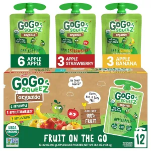 GoGo squeeZ Organic Applesauce and Fruit Puree, Variety Pack, Apple, Strawberry & Banana, 3.2 oz (Pack of 12), Unsweetened Organic Fruit Snacks for Kids, No Gluten, Nut & Dairy, BPA Free Pouches