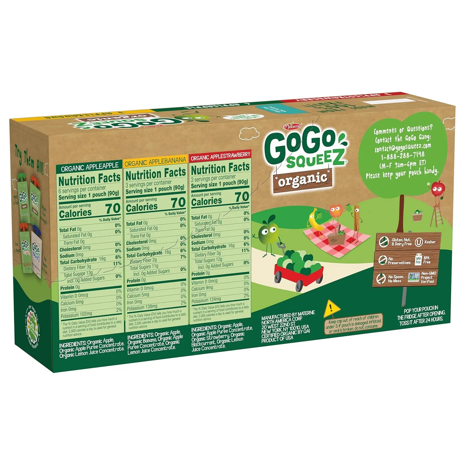 GoGo squeeZ Organic Applesauce and Fruit Puree, Variety Pack, Apple, Strawberry & Banana, 3.2 oz (Pack of 12), Unsweetened Organic Fruit Snacks for Kids, No Gluten, Nut & Dairy, BPA Free Pouches