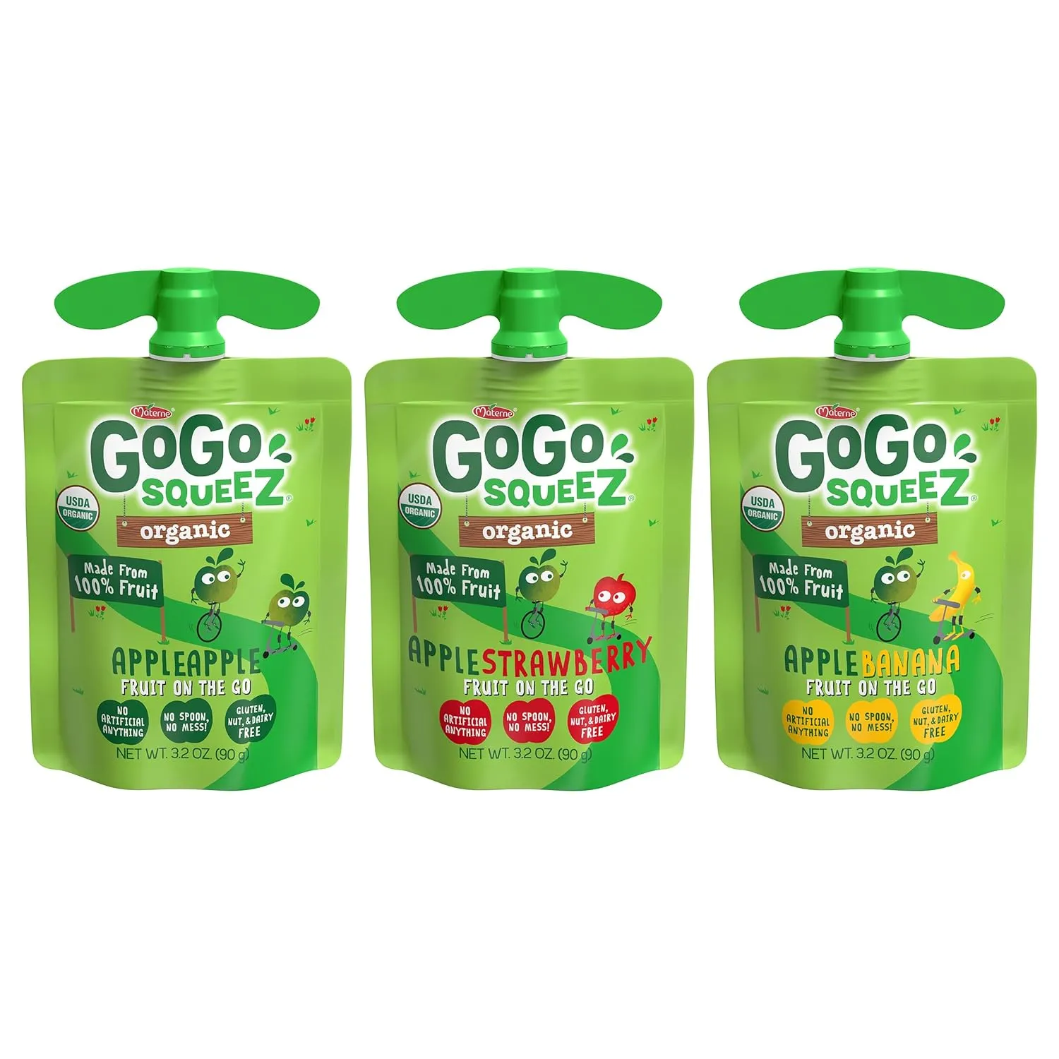 GoGo squeeZ Organic Applesauce and Fruit Puree, Variety Pack, Apple, Strawberry & Banana, 3.2 oz (Pack of 12), Unsweetened Organic Fruit Snacks for Kids, No Gluten, Nut & Dairy, BPA Free Pouches