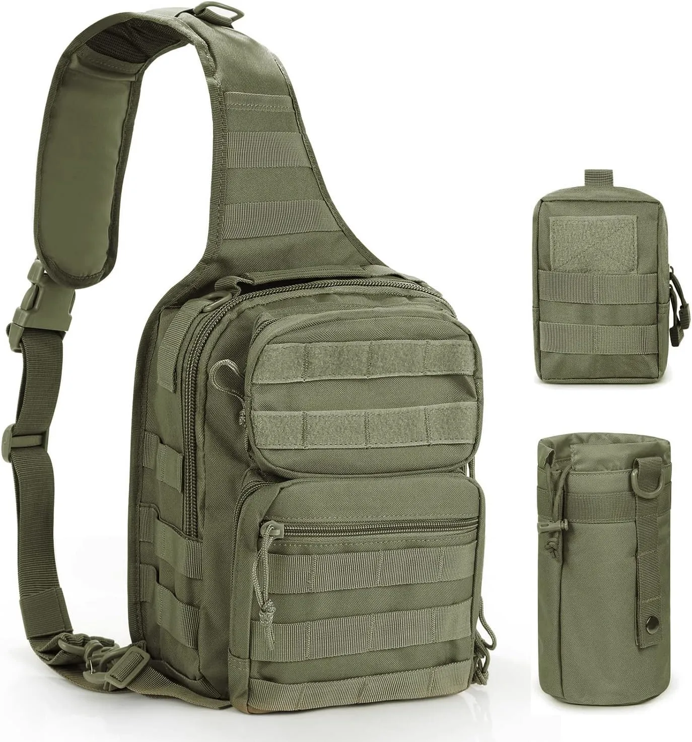 Gogoku 3-Pack Combo Sling Pack & Molle Pouch Waist Bag Pack & Water Bottle Pouch Holder Green