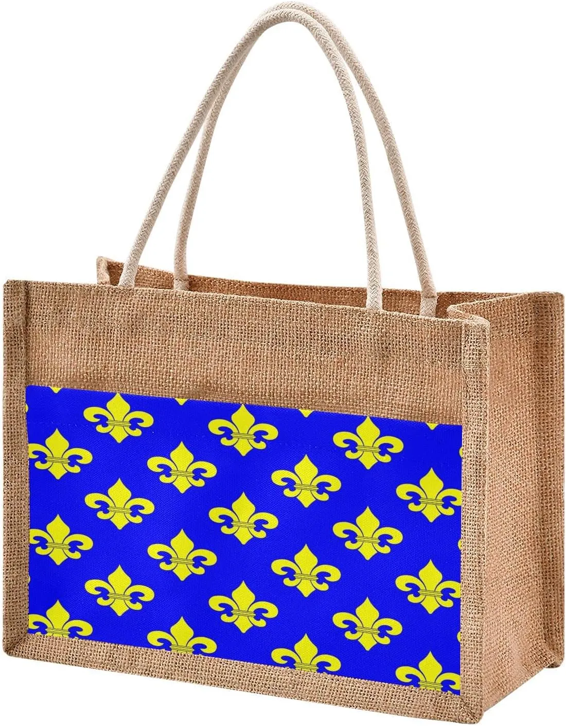Gold Fleur De Lys Jute Tote Bag Mardi Gras Reusable Grocery Shopping Bag Burlap Beach Bag Market Bags With Handle for Wedding Party Gift DIY 11.8 x 8.7 x 5.9 inch