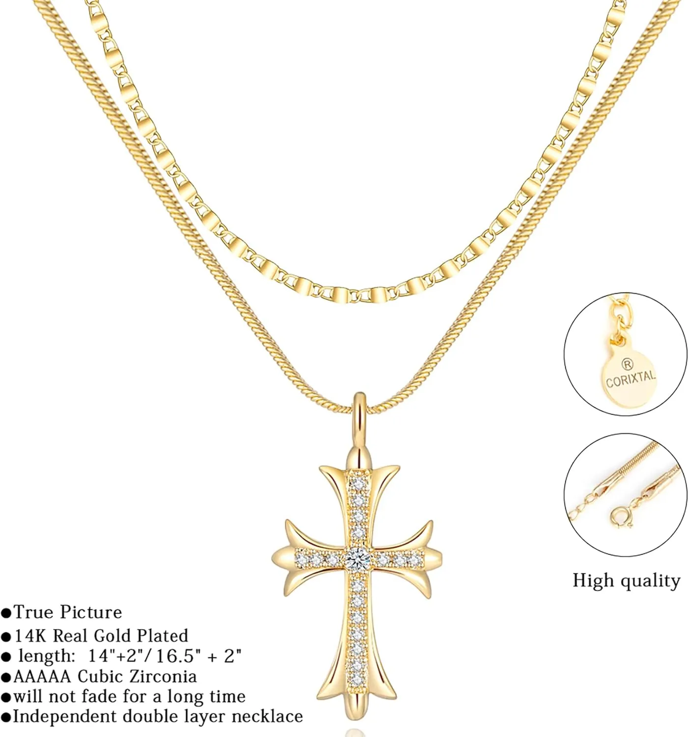 Gold Necklaces for Women 14K Gold Plated Cross Pendant With Snake Chain, Non Tarnish Layered CZS Jewelry Trendy Choker Faith Christian Cross Gifts