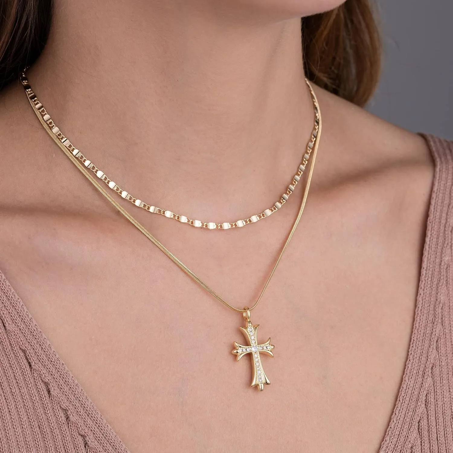 Gold Necklaces for Women 14K Gold Plated Cross Pendant With Snake Chain, Non Tarnish Layered CZS Jewelry Trendy Choker Faith Christian Cross Gifts
