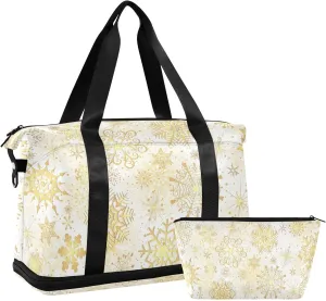 Gold Snowflake Versatile Sports Travel Bag - Lasting Twill Tote, Removable Wheel & Rod Bagging, Multi-pocket Design, Complimentary Makeup Bag