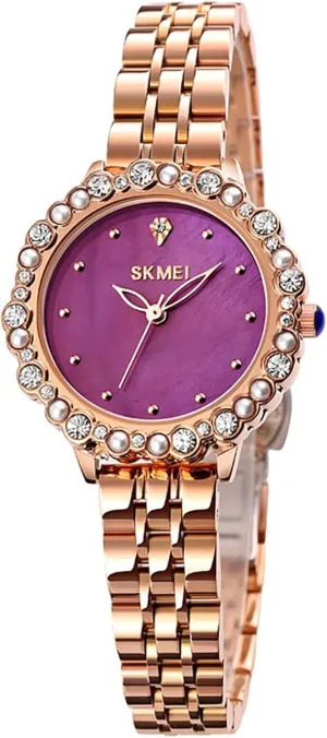 Gosasa Fashion Women Watches Stainless Steel Pearl Rhinestone Shell Waterproof Round All-Match Quartz Watch for Women